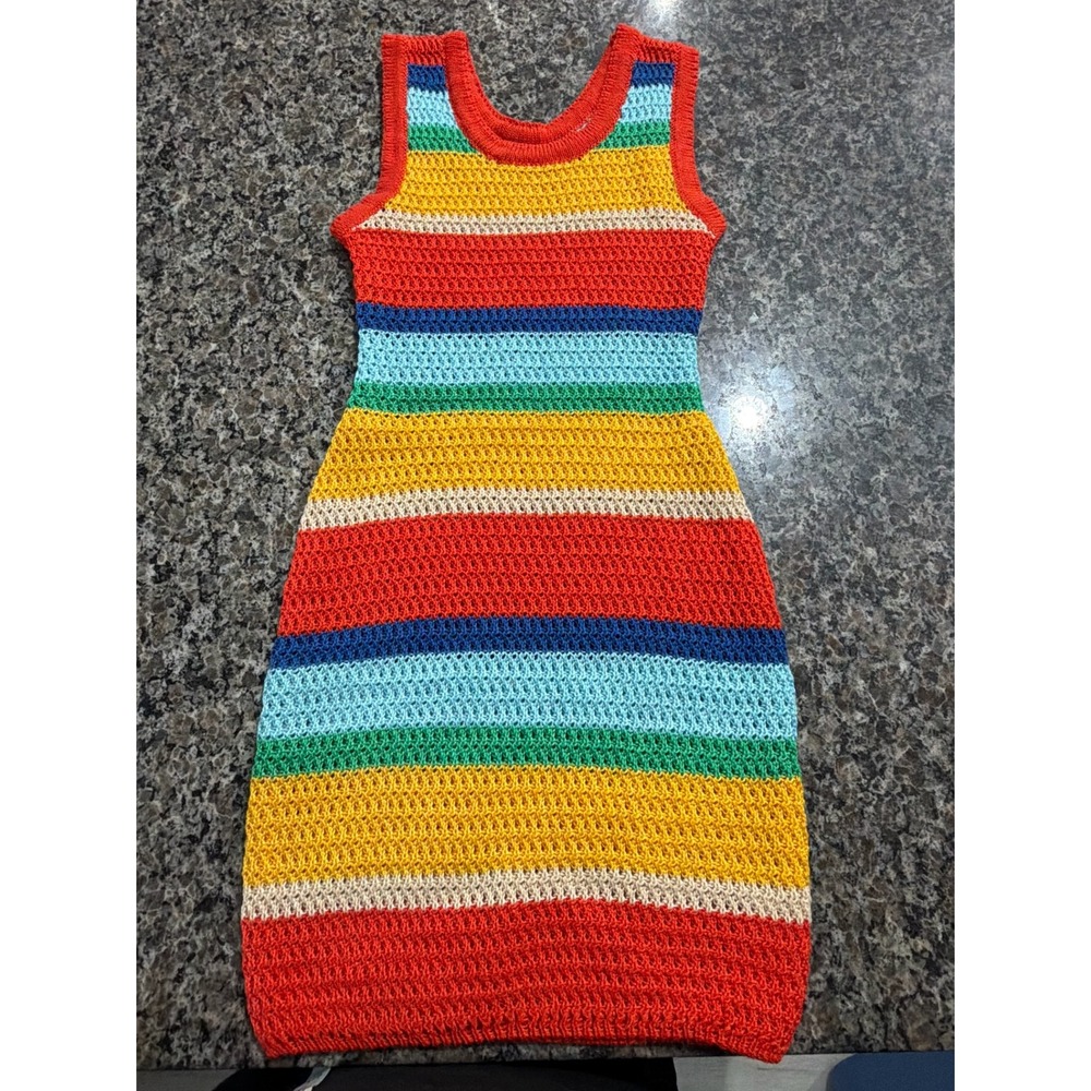 Rainbow Striped Crochet Mini Dress Sleeveless Summer Festival Boho NEW